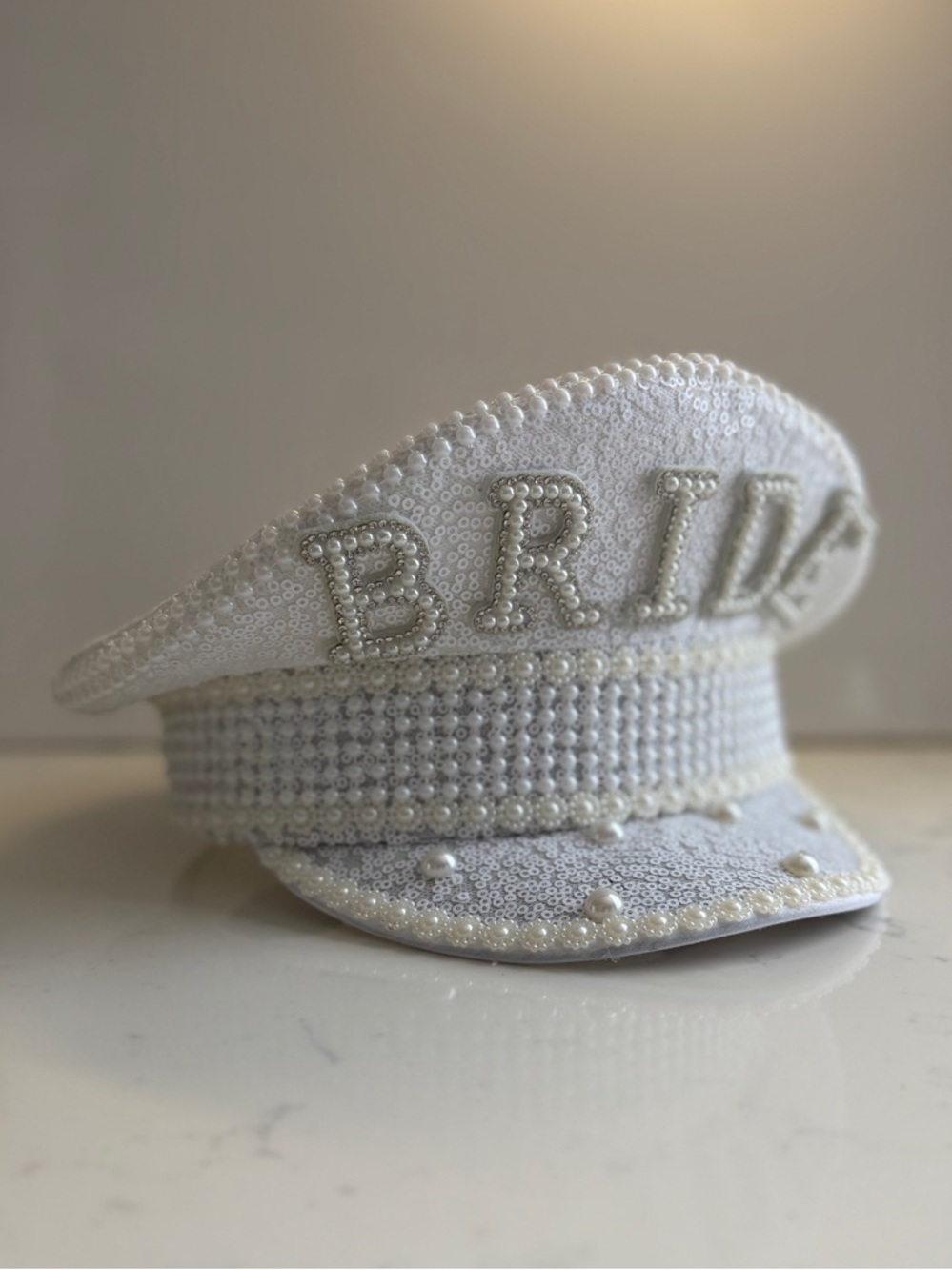 Embellished "BRIDE" Pearl & Sequin White Captain Hat